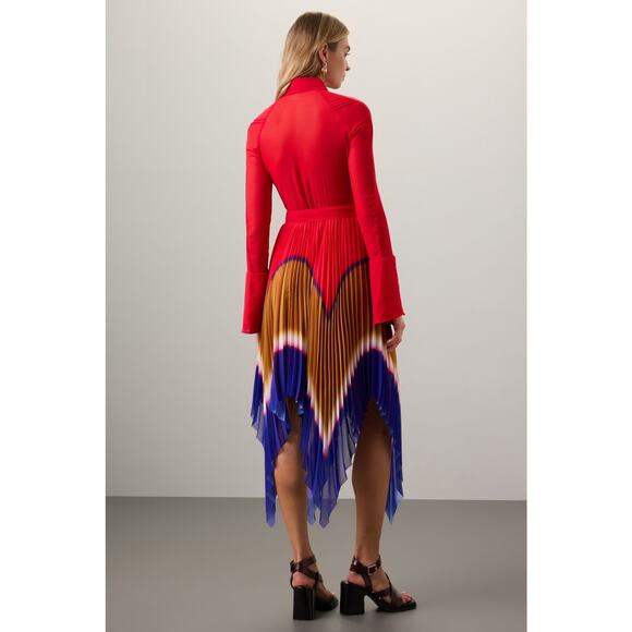 THEBE MAGUGU Red Gradient Asymmetric Pleated Cocktail Collared Chiffon Dress M - Picture 16 of 16